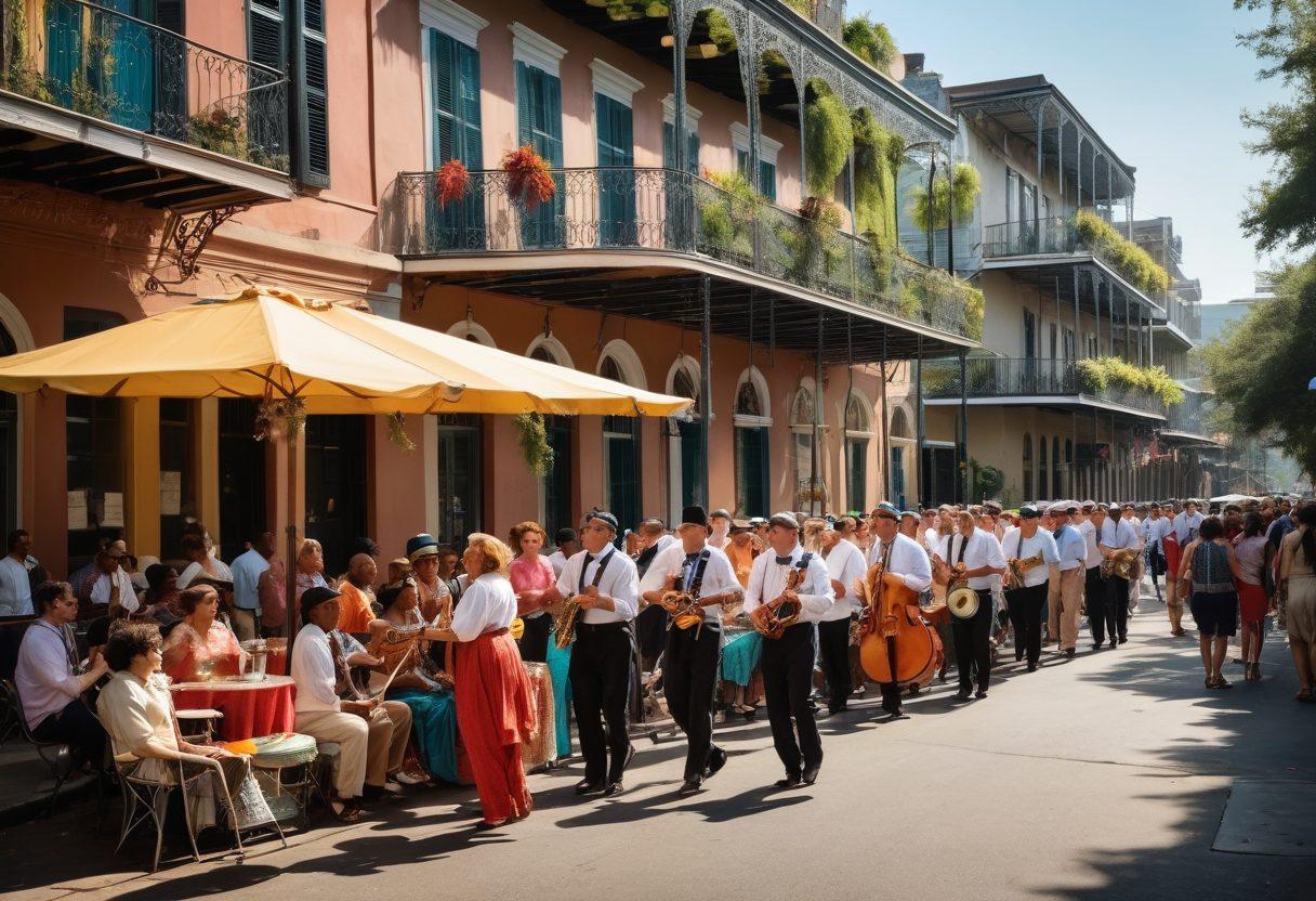 A lively street scene in New Orleans, showcasing a colorful festival with local musicians playing jazz, food stalls offering Southern delicacies, and diverse groups of people dancing and engaging. Include iconic architecture like wrought-iron balconies and lush greenery in the background, capturing the essence of Southern hospitality. The atmosphere should be warm and inviting, with vibrant colors that reflect the spirit of the community. super-realistic. vibrant colors. lively atmosphere.