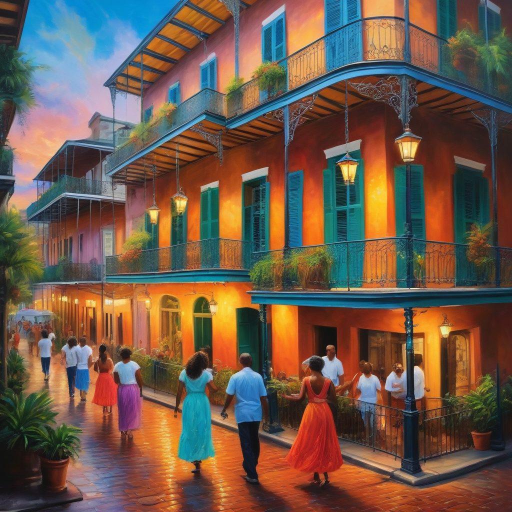 A vibrant street scene in New Orleans featuring colorful historic buildings, iconic wrought-iron balconies, and lively street musicians. Include a hidden courtyard with lush greenery, a local arts market showcasing unique crafts, and the warm glow of street lanterns. Capture the essence of local culture with joyful people dancing and enjoying the atmosphere. Painting. vibrant colors. 3D.