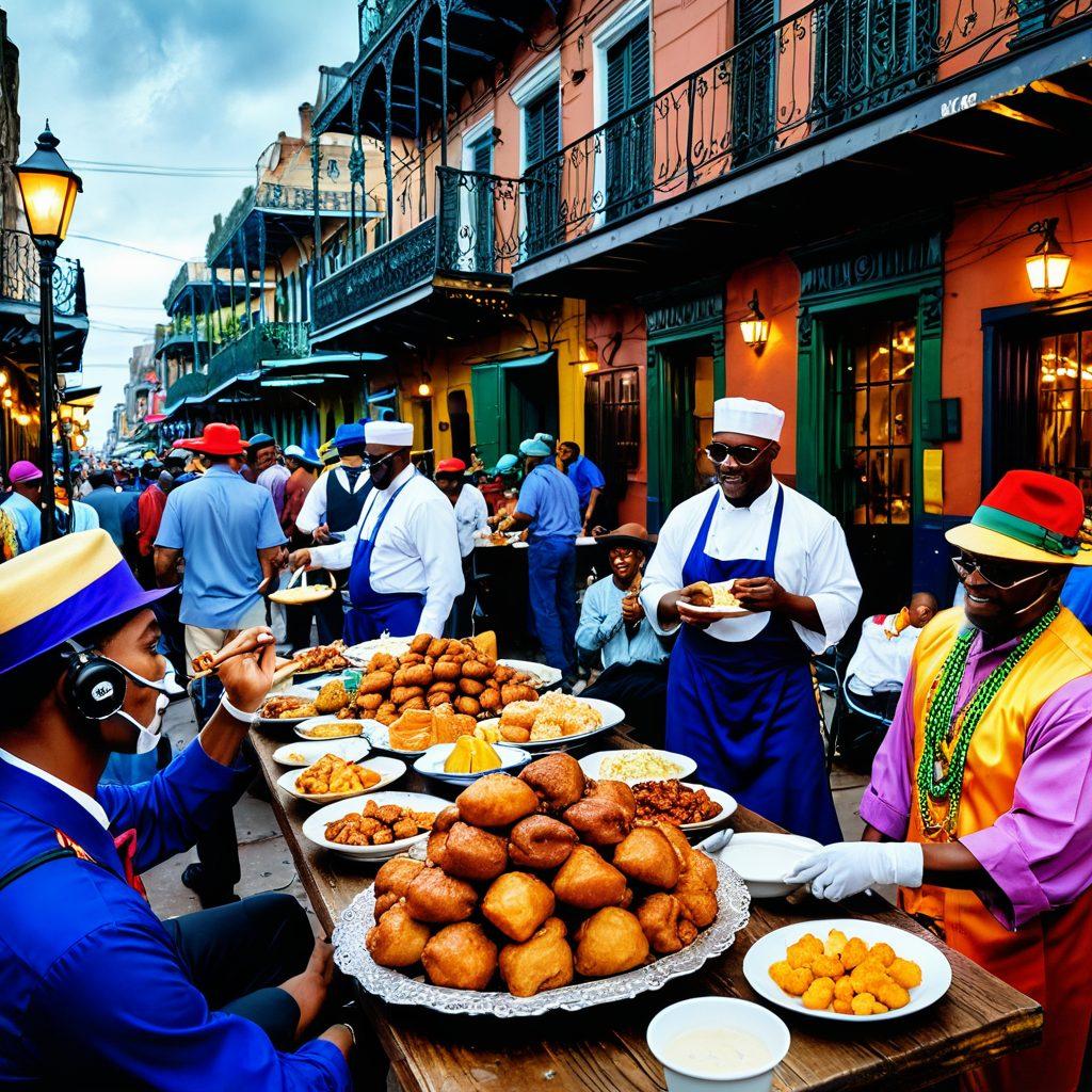 An inviting display of traditional New Orleans dishes such as jambalaya and beignets, surrounded by lively jazz musicians playing in the background, with colorful Mardi Gras masks and beads adorning the scene. A vibrant, lively street festival atmosphere, capturing the spirit of the city’s rich culinary heritage and cultural diversity. warm colors, dynamic composition, super-realistic.